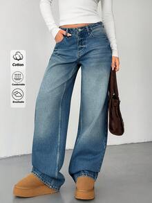 SHEIN Women's Jeans Low Waist Washing Detailed Straight Jean 2000s Style - Medium Wash - View 5