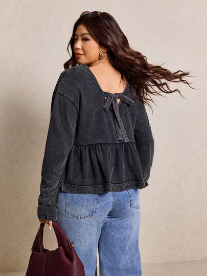 Elaquor Plus Size Women Vintage Washed Ruffle Patchwork Black T-Shirt Casual For Women