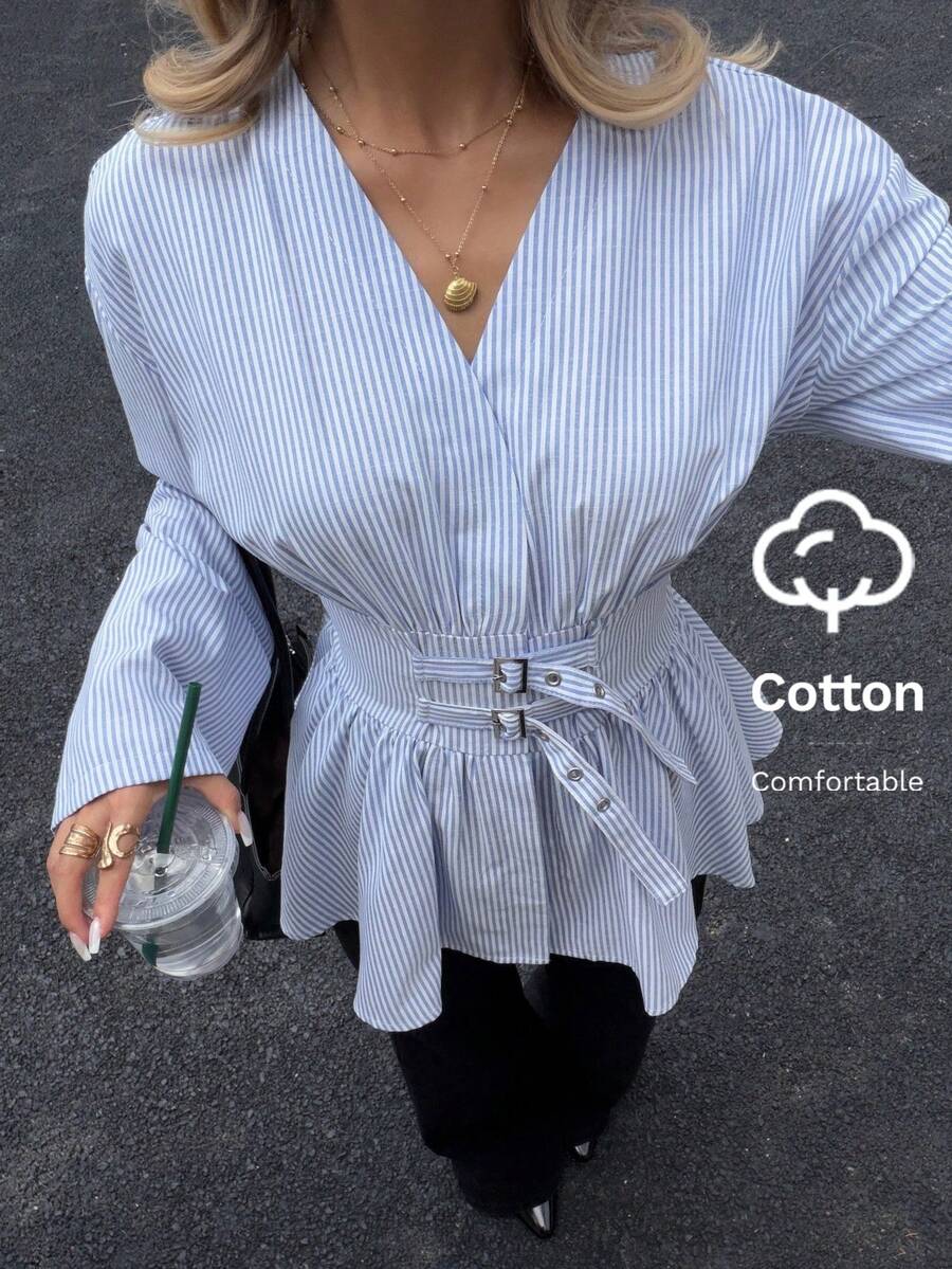 Siren Gaze Women's Striped Waist Cinching Double-Breasted Double Belt Long Sleeve Shirt, Commute & Vacation, Soft & Skin-Friendly Blue & White Striped Long Sleeve Shirt, Streetwear, Casual, Slim Fit Shirt,Cotton Shirt Winter Spring Holiday Resort