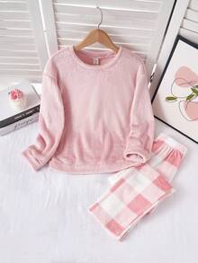 2 件女童格子羊毛长裤和长袖休闲睡衣套装，兄弟姐妹装搭配服装（2 套单独出售） - 粉色 - 查看 3