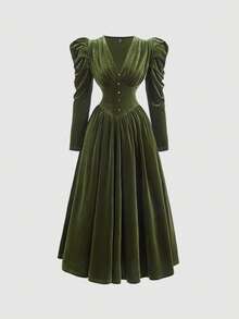 SHEIN Vestido verde con cuello en V, mangas con volantes y cintura ceñida para niñas preadolescentes, vestido de princesa, conjunto elegante para niñas, vestido formal, vestido de dama de honor, vestido de invitada a boda de otoño, vestido de vendaje, conjunto de Año Nuevo para niñas, vestido de gala de baile de máscaras - Verde Oliva - Ver 7
