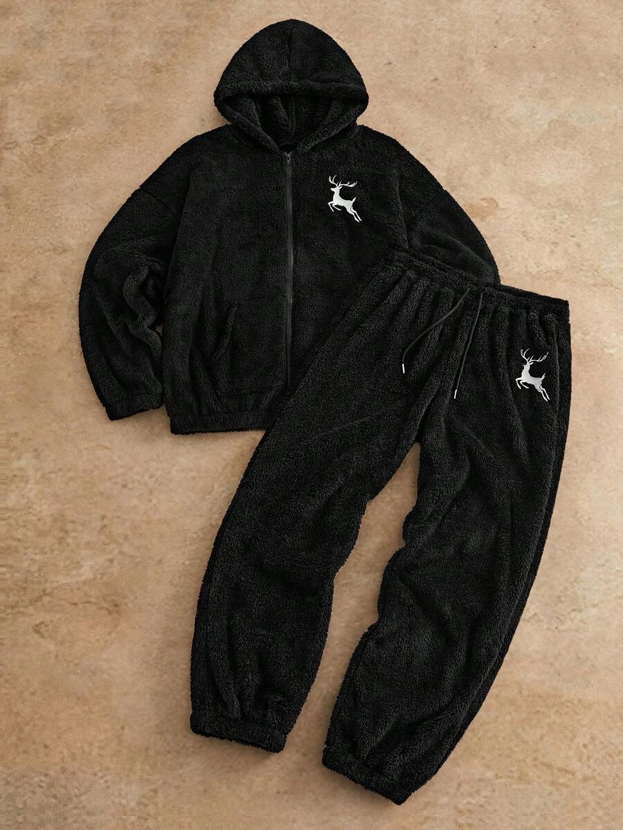 Manfinity NXTstreet 男士鹿刺绣抓绒拉链连帽衫和裤子休闲运动套装 男士两件套 黑色运动裤套装 男士慢跑裤套装 男士运动套装 Y2K 运动服 - 黑色 - 查看 1