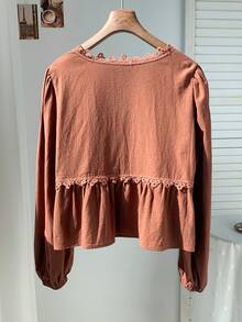 Comfortcana Women's Floral Embroidery Contrast Lace V-Neck Front Tie Long Sleeve Casual Blouse   Winter Clothes  Christmas   New Year Elegant Casual  Y2K Brown Red Flower  Embroidery Shirts - Rust Brown - View 2