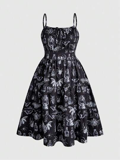 Goth Plus Size Dark Skull Pattern Vintage Full Print Maxi Slip Dress For Women