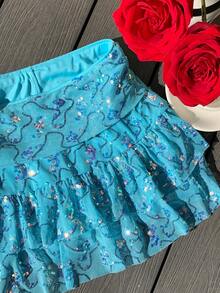 Comfortcana 2025新款极简主义冬季女式亮片荷叶边时尚半身裙，适合圣诞节、新年派对、海滩度假等场合，亮片闪粉裙。 - 藍色 - 查看 5