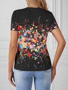 SHEIN LUNE Round Neck Ink-Splattered Print Short Sleeve T-Shirt Graphic Tees Women Tops - Black - View 2