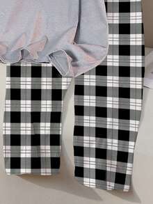 Tween Girl 2 Pieces Pajama Set - Gray Milk Silk Crew Neck Long Sleeve Top With Printed "SLEEP" Text And Black & White Plaid Loose Comfortable Pants, Back To School Fashion Comfy Pajama Set Fall Winter