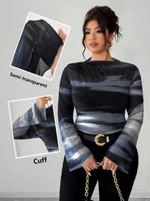 Elenzga Áo thun nữ tay dài cổ điển thanh lịch, vừa vặn, xếp ly, in lưới co giãn, họa tiết ombre, cỡ lớn, trang phục xuân/thu cho nữ - Đen và trắng - Xem 1