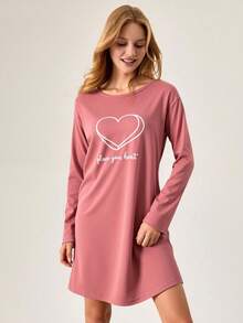 Loomlin Women Cotton Round Neck With Heart&Lettered Long Sleeve Homewear Pajama Dress Women Pajama Dress Long Sleeve Nightgown Sleep Wear Women Dress Loungewear Dress Women Lounge Wear Sets