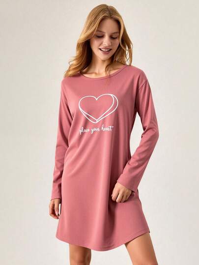 Loomlin Women Katoenen Round Neck Heart Lettered Long Sleeve Homewear Pajama Dress Nightgown Sleep Wear Loungewear Lounge Sets view 4
