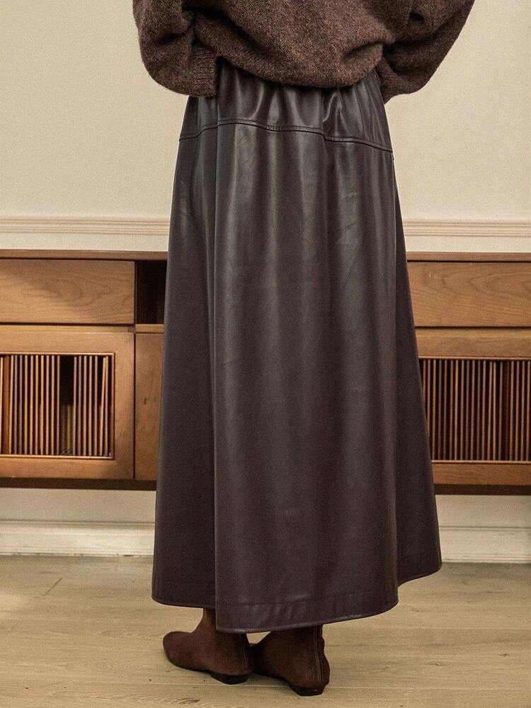 Women's Solid Color Elastic Waist PU Leather A-Line Skirt Business Casual Woman