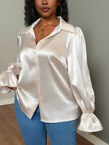 Truni Lacenleopard Plus Size Women Satin Long Sleeve Shirt, Button Detail, Lantern Sleeve, For Pear Triangle Body Shape - Apricot - View 3