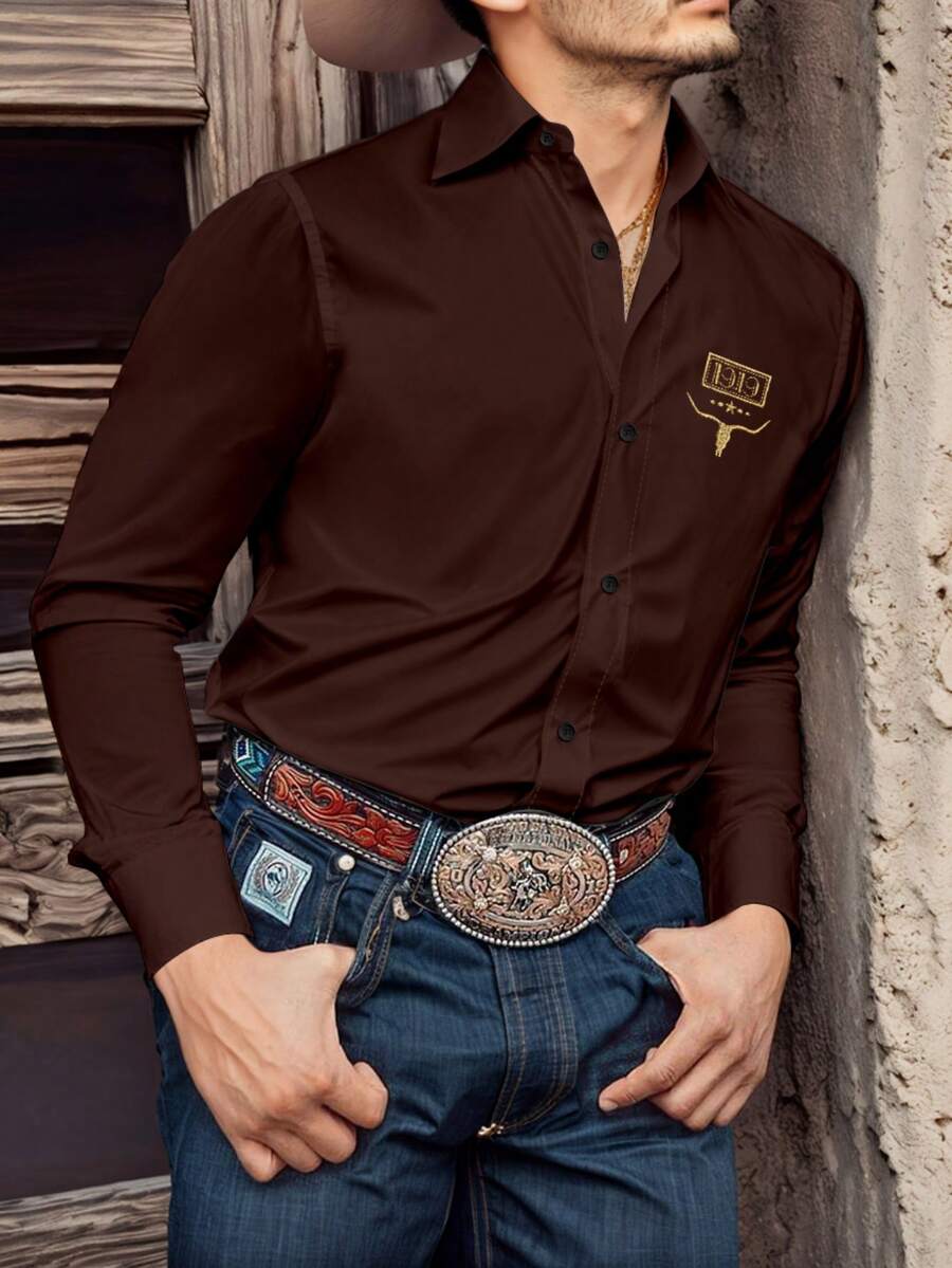 Manfinity Nomadique Men's Casual/Business Long Sleeve Button-Up Shirts Cowboy Shirts Rodeo For Men Brown Shirt Men, For Fall - Brown - View 1