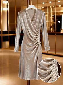 GlowEve Women's Apricot Solid Velvet Elegant Pleated Dress, Suitable For Autumn/Winter Party, Halloween, Christmas, Holiday Events, Date, Valentine's Day - Apricot - View 3