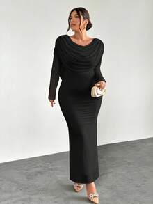 Firerie 大码优雅舒适派对、聚会、约会、舞会、假日等高端场合下午茶，弹力网纱荷叶边领口收腰长袖连衣裙，秋冬款 - 黑色 - 查看 1