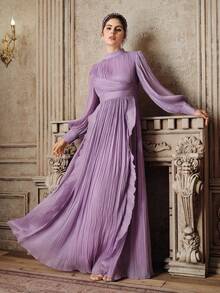 Anewsta Đầm dài nữ thiết kế xếp ly, viền bèo nhún, thanh lịch và sang trọng, thích hợp cho mùa xuân/thu. - Màu tím  Violet - Xem 5