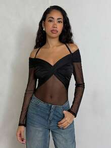 Glamine Women's Autumn/Winter Ruched Waist, Halter Neck, Mesh Patchwork Black Bodysuit - Black - View 4