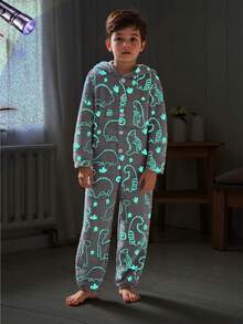 2pcs Tween Boys Minimalist Cute Dinosaur Print Long Sleeve Jumpsuit Pajamas, Daddy & Me Matching Outfits (Sold Separately) Fall Winter - Grey - View 5