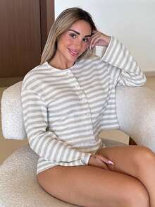 Mélanie ORL Women's Striped Casual Button Front Top And Shorts 2 Pieces Set,Fall Clothes For Women - Apricot - View 6