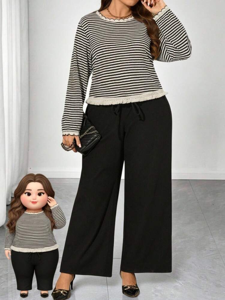 Plus Size Women's Casual Commuter Contrast Stripe Print Top And Wide Leg Pants 2 Piece Set, Spring/Autumn  Thanksgiving Outfit For Women New Year Christmas Clothes For Women  Winter Clothes For Women