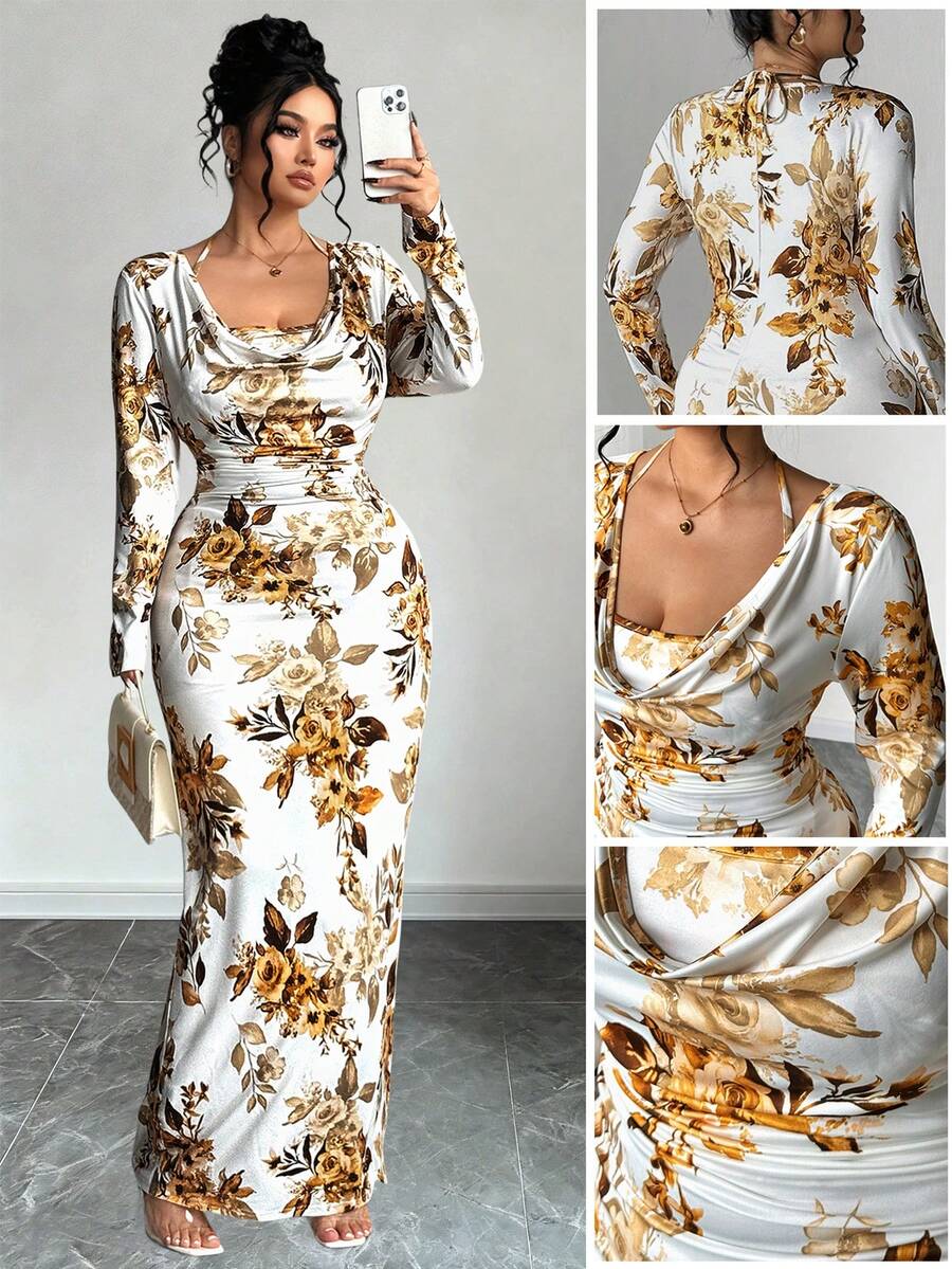 Elenzga Vestido corto ajustado con cuello de volantes para mujer talla grande, con estampado floral diminuto, cintura con lazo y bajo con volantes - Marrón - Ver 1