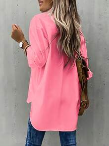 SHEIN LUNE 休闲纯色落肩宽松高低衬衫 - 珊瑚粉 - 查看 2