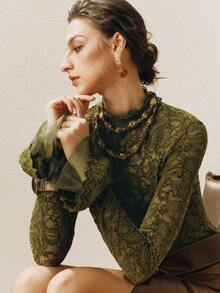 Arave 女士天鹅绒蕾丝撞色网纱双层喇叭袖口修身优雅绿色长袖打底衫，秋季女装