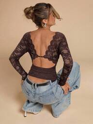 SHEIN BAE Autumn/Winter Solid White Sexy Lace Long Sleeve Backless Blouse, Sexy Backless Top, Autumn Top, Backless Undershirt, Outerwear Top, Autumn Women's Clothing, Old Money, Sexy Minimalist Women's Top, Suitable For Party, Cocktail Party, Formal Occasions, Birthday Top