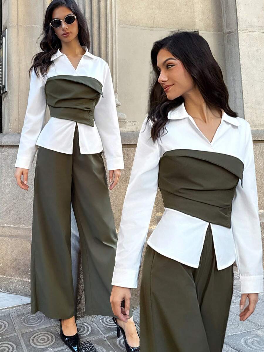 Firerie Elegantes, minimalistisches Büro-Outfit-Set für den täglichen Arbeitsweg, olivgrün und weiß, Langarm-Kontrast-Farbhemd mit asymmetrischer Taille und weite Schlupfhose, Anzug für Damen im Herbst/Winter, grünes Hemd-Set, Arbeitskleidung, Lehrerin-Outfit - Olivgrün - Übersicht 1