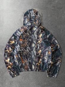 ROMWE MEN Men's Drop Shoulder Floral Print Hooded Jacket With Zipper Pockets And Fur Collar - Multicolor - View 2