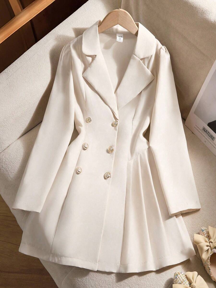 SHEIN Girls' Casual Comfortable Gentle Elegant Versatile V-Neck Button Pleated Hem Fitted Jacket Fall Winter