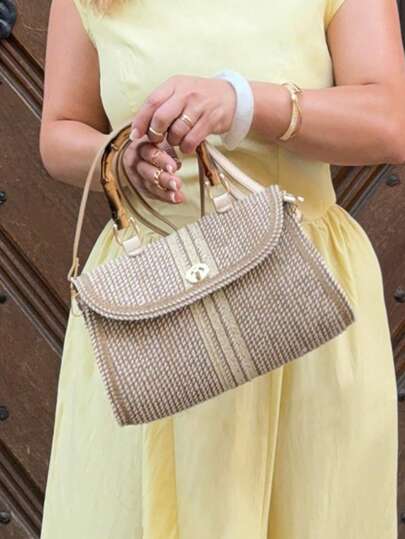 Jeta Ari 女士，女式手提包，草编包，斜挎包，竹制提手，时尚，优雅，简约，个性化，多功能，适合海滩，度假，节日，夏季，海边