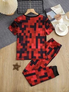 男童两件套柔软舒适贴身睡衣套装，可爱卡通数码格子印花，休闲简约短袖上衣和裤子，家居服 - 紅色 - 查看 2