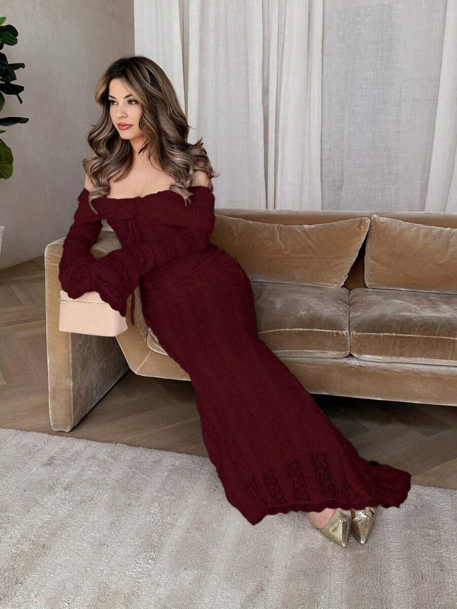 Jemour Trang phục Tea Break ngọt ngào và thanh lịch Đầm maxi trễ vai tay dài Trang phục hẹn hò Đầm hoa 3D - Màu Đỏ Sâu - Xem 1