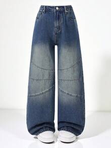 SHEIN Jeans pour préadolescentes Y2K, jeans en denim délavé à taille haute, coupe droite décontractée, inspiration vintage, esthétique rétro avec une ambiance décontractée, convient pour la rentrée scolaire, le streetwear, la tenue de tous les jours, automne/hiver