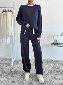 SHEIN LUNE 2pcs Women Casual Contrast Color Ribbed Hem Split Sweater And Pants Set, Autumn/Winter - Multicolor - View 5