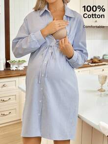 SHEIN 时尚休闲条纹印花腰部哺乳连衣裙