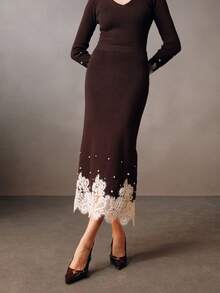 Anewsta Brown High-End Randomly Studded & Lace Trim Fashionable Elegant Fitted Women Sweater Skirt, Winter - Brown - View 5