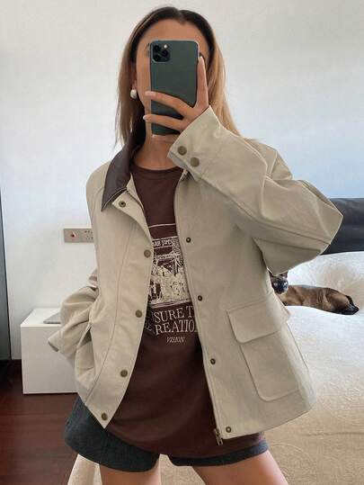 DAZY 女士休闲撞色领常规夹克，秋季女士皮夹克外套