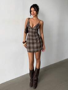 Flirla 复古法式格纹V领吊带连衣裙，咖啡色，秋冬款 - 咖啡棕 - 查看 4