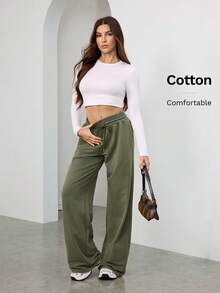 SHEIN Tall Black Snow-Washed Ladies Knitted Sweatpants Women's Green Knitted Fabric Wide Leg Pants With Pockets And Drawstring Long Length - Army Green - View 7