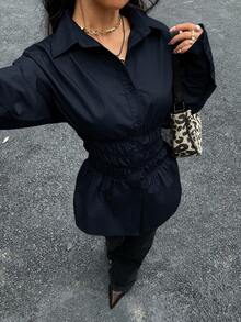 Siren Gaze 秋季优雅别致收腰衬衫，女士纯色落肩长袖前扣休闲衬衫，适合工作、办公室通勤、外出、商务休闲、日常、教师返校、派对等场合穿着，2025秋冬新款必备黑色衬衫，女士黑色工作上衣，黑色荷叶边衬衫，黑色西部风上衣，蓝色春季 - 藏蓝色 - 查看 2