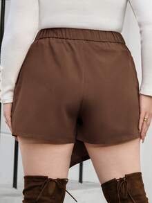 SHEIN Privé Plus Size Women Summer Fashion Casual/Work Commute Solid Color Side Zipper Pleated Asymmetrical Hem Skort Brown Skort Asymmetrical Skirt Brown Skirt Asymmetrical Skort - Redwood - View 2