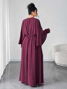 SHEIN Elenzya 情人节加大码女士优雅简约休闲长裙，适合办公室、通勤、海滩、音乐节、下午茶、赛马会、帆船运动等场合，纯色圆领，腰部荷叶边褶皱蝙蝠袖A字长裙，春夏秋季皆宜。 - 紫紅色 - 查看 2