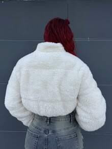 Bearsaez Jaket Puffer Pendek Kasual Wanita Warna Polos Bahan Bulu Imitasi, Musim Dingin - Krem - View 2