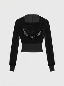 ROMWE Grunge Punk Dark Cross Wing Angel Sexy Goth Velvet Vintage Women Hoodie And Pants 2 Pieces Set - Black - View 4