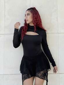 Bearsaez Falda sexy de cintura baja con plisados de encaje y dobladillo desigual - Negro - Ver 4