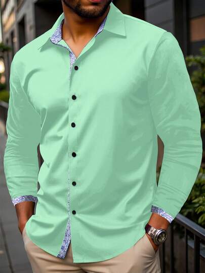 Manfinity Homme Plus Size Men's Graphic Print Green Button-Front Casual Long Sleeve Shirt