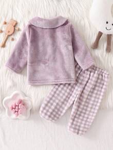 Newborn Baby Pajamas-2 Piece Pajama Set Infant Plush Lavender Pastel Peter Pan Collar Long Sleeve Button Front Top Footed Check Pattern Pants Patch Pocket Winter Autumn Holiday Twenty Twenty Six New Year Warm Cozy Gift - Purple - View 2