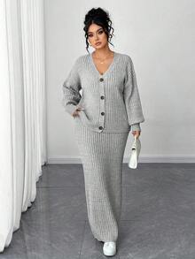 Elenzga Plus Size Solid V-Neck Button Front Long Sleeve Cardigan & Skirt 2 Pieces Set - Light Grey - View 4